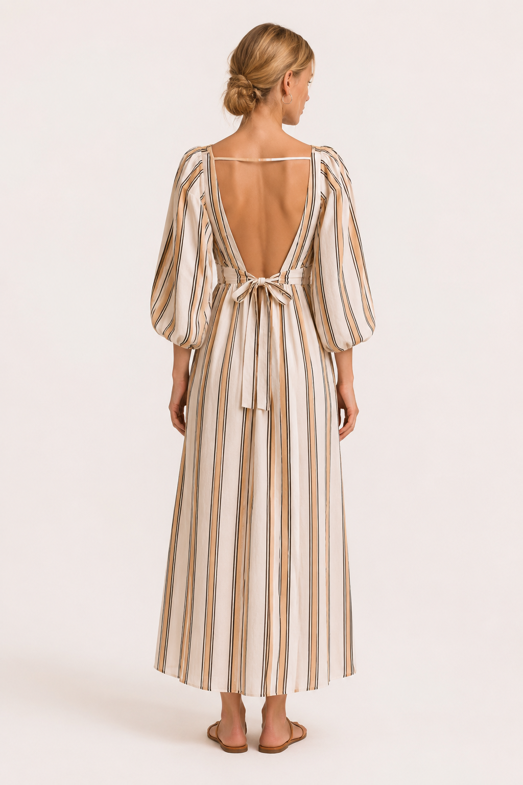 Robe longue rayures verticales manches bouffantes ceinture taille haute printemps-été - Larissa