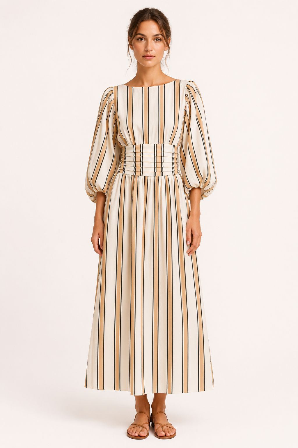Robe longue rayures verticales manches bouffantes ceinture taille haute printemps-été - Larissa