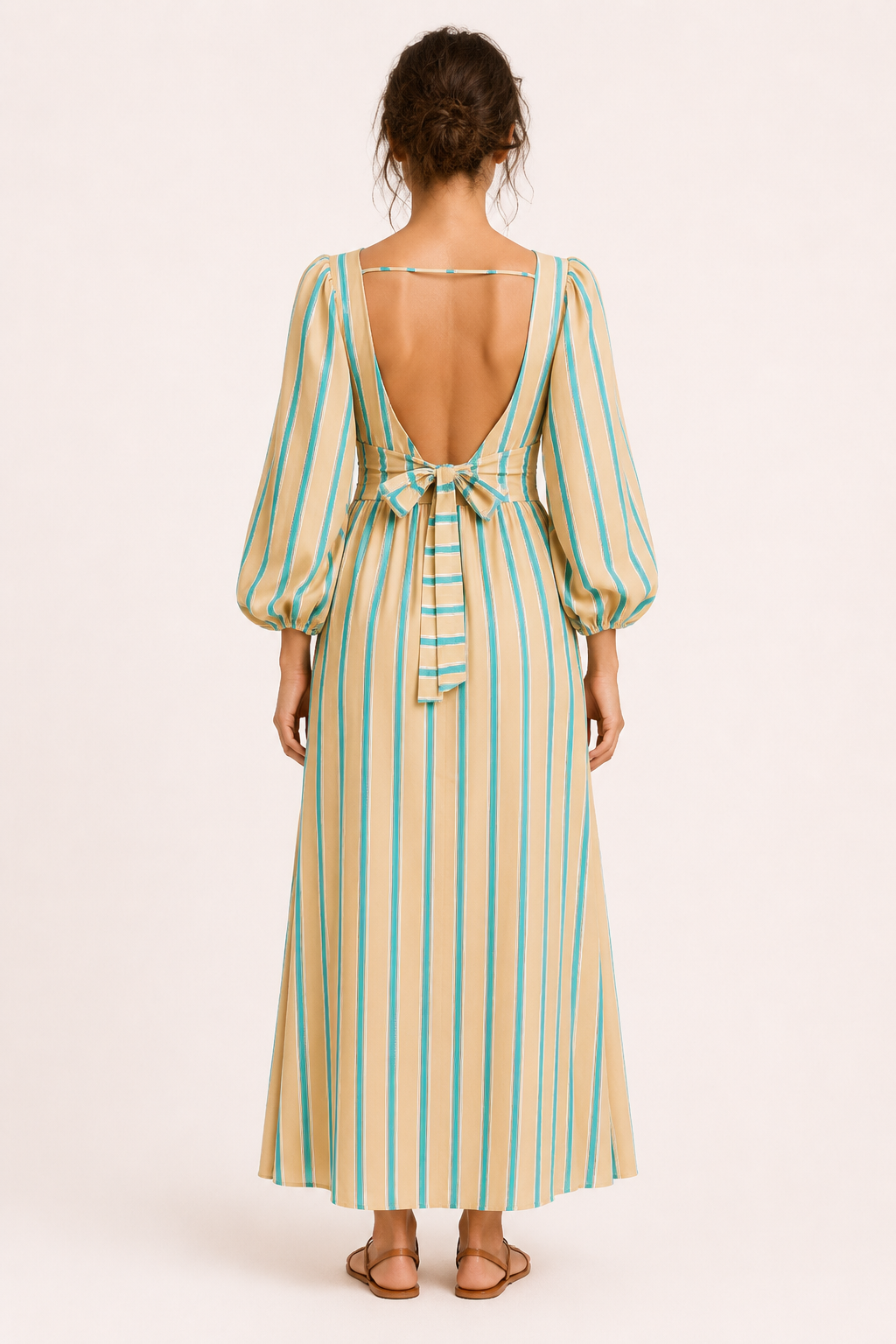 Robe longue rayures verticales manches bouffantes ceinture taille haute printemps-été - Larissa
