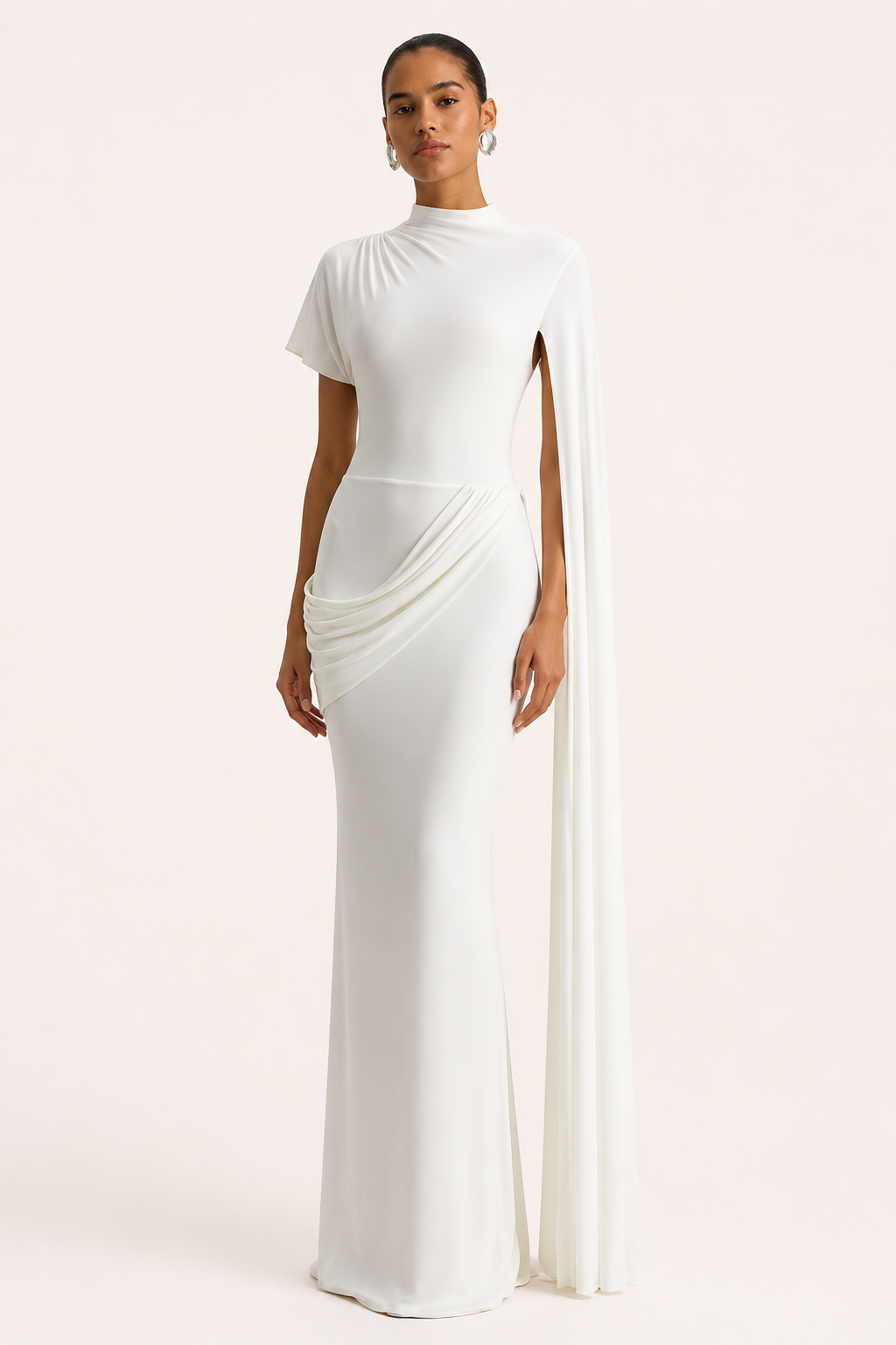 Robe longue col haut cape latérale drapé croisé taille gala cérémonie et soirée formelle - Mirna