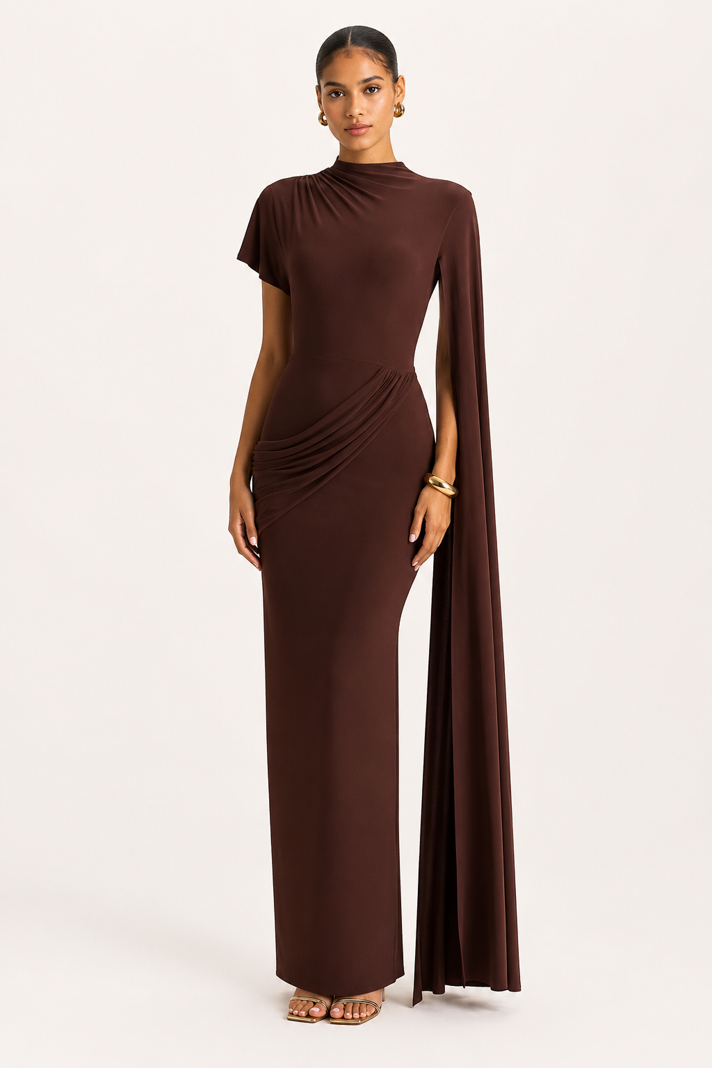 Robe longue col haut cape latérale drapé croisé taille gala cérémonie et soirée formelle - Mirna