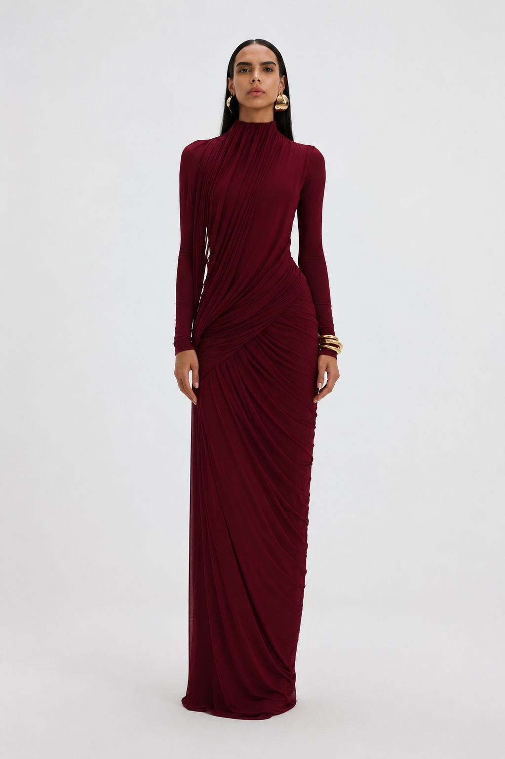 Robe longue invitée mariage cape latérale drapé devant plis longueur sol fluide - Gisela