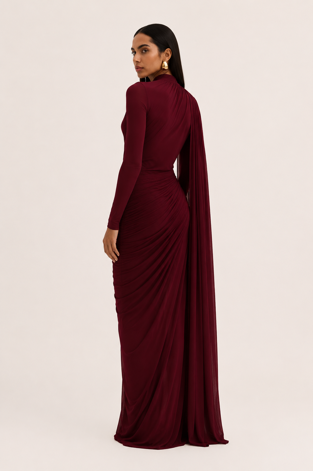 Robe longue invitée mariage cape latérale drapé devant plis longueur sol fluide - Gisela