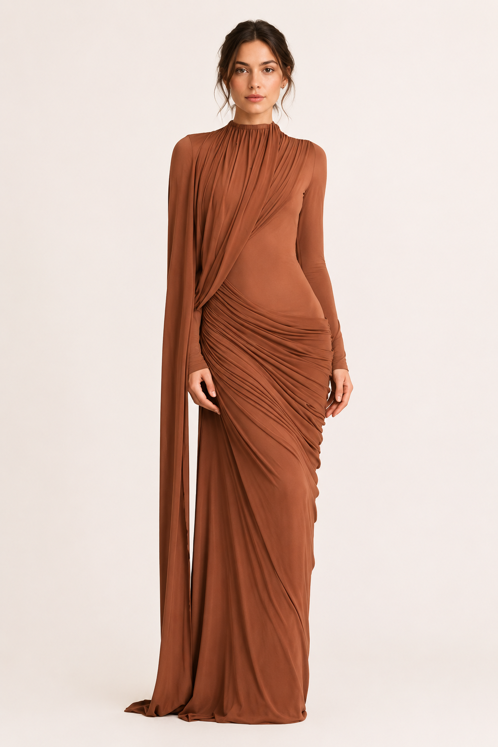 Robe longue invitée mariage cape latérale drapé devant plis longueur sol fluide - Gisela