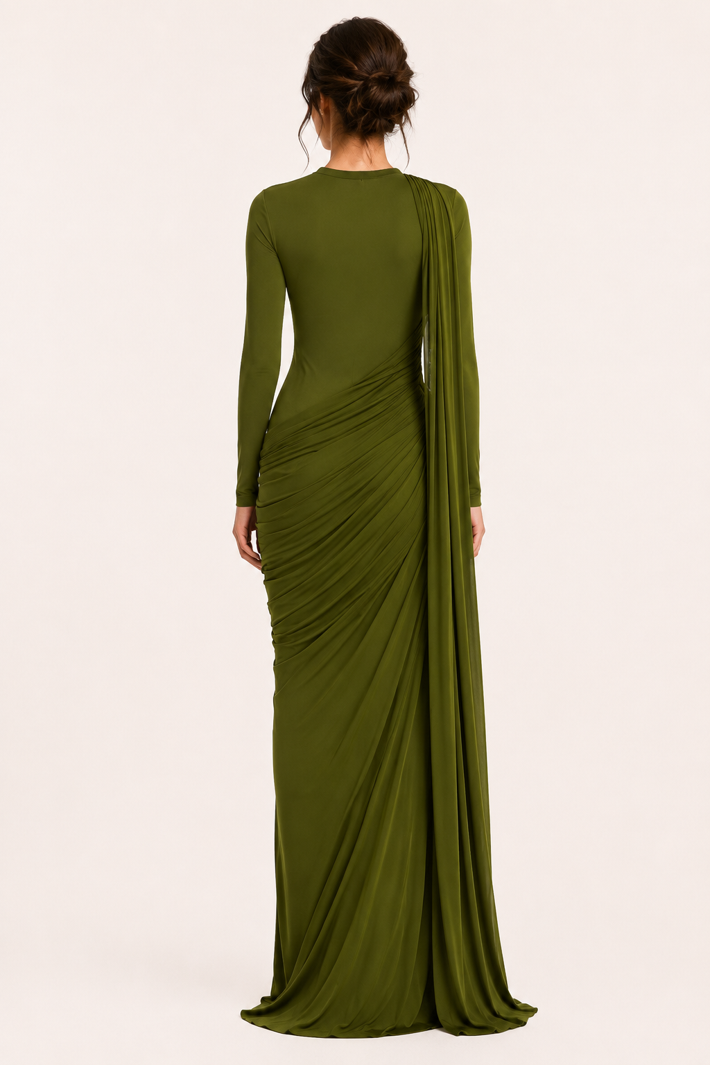 Robe longue invitée mariage cape latérale drapé devant plis longueur sol fluide - Gisela