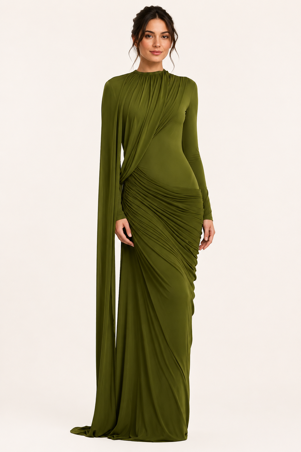 Robe longue invitée mariage cape latérale drapé devant plis longueur sol fluide - Gisela