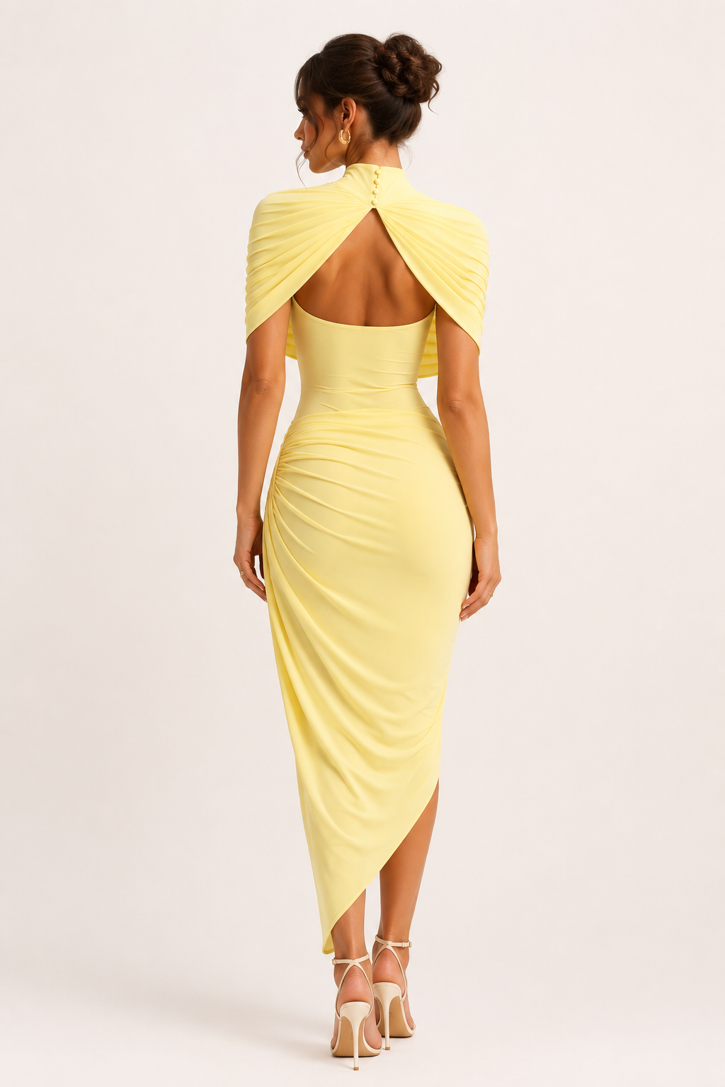 Robe midi élégante col haut drapé croisé fente asymétrique mariage et cérémonie - Katja