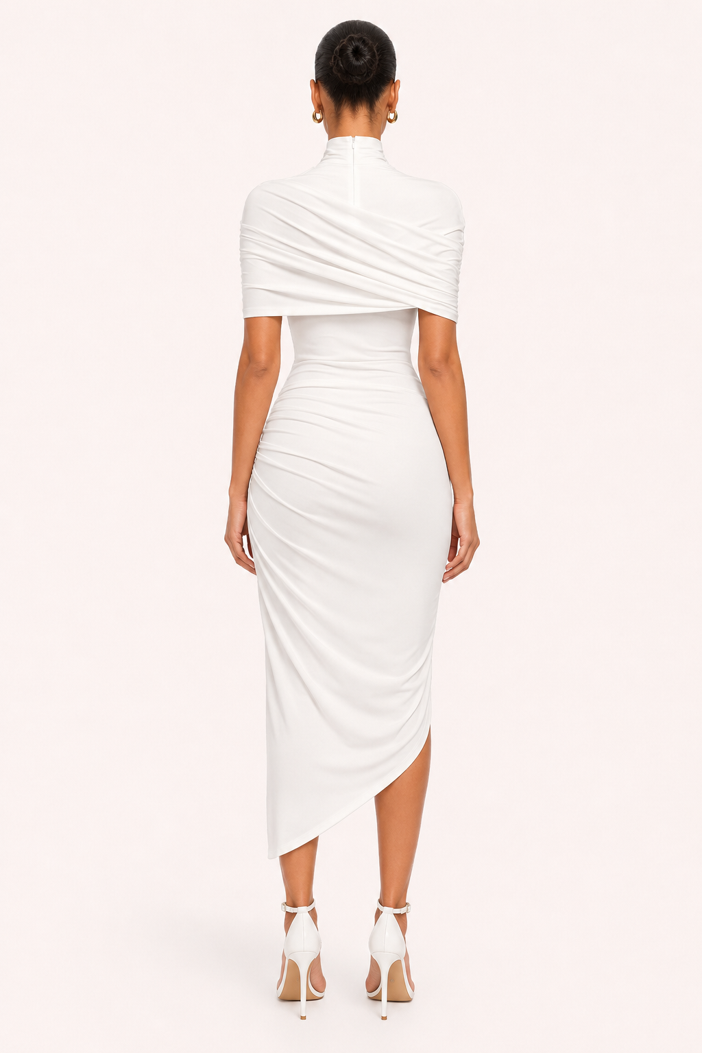 Robe midi élégante col haut drapé croisé fente asymétrique mariage et cérémonie - Katja
