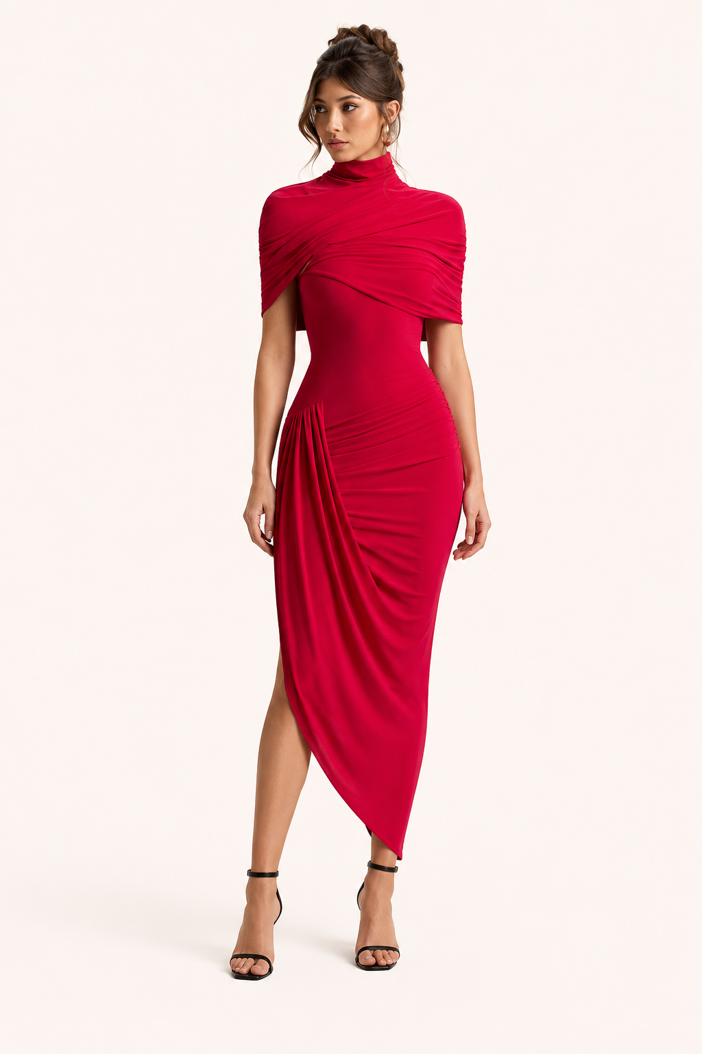 Robe midi élégante col haut drapé croisé fente asymétrique mariage et cérémonie - Katja