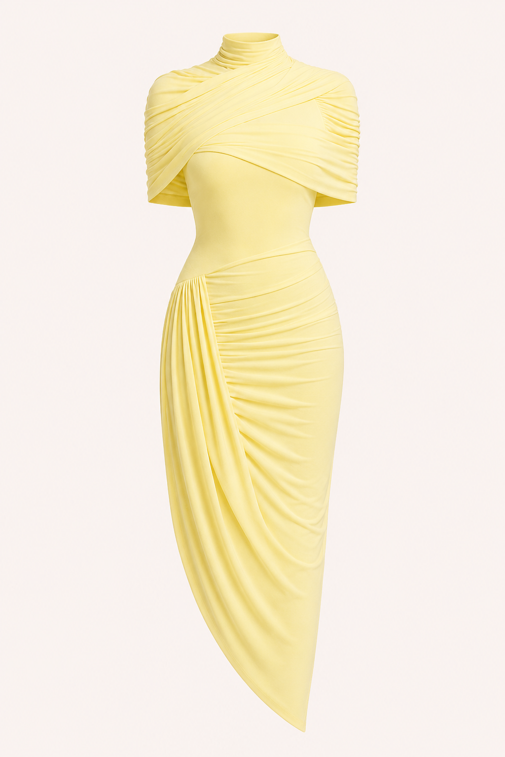 Robe midi élégante col haut drapé croisé fente asymétrique mariage et cérémonie - Katja