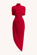 Robe midi élégante col haut drapé croisé fente asymétrique mariage et cérémonie - Katja