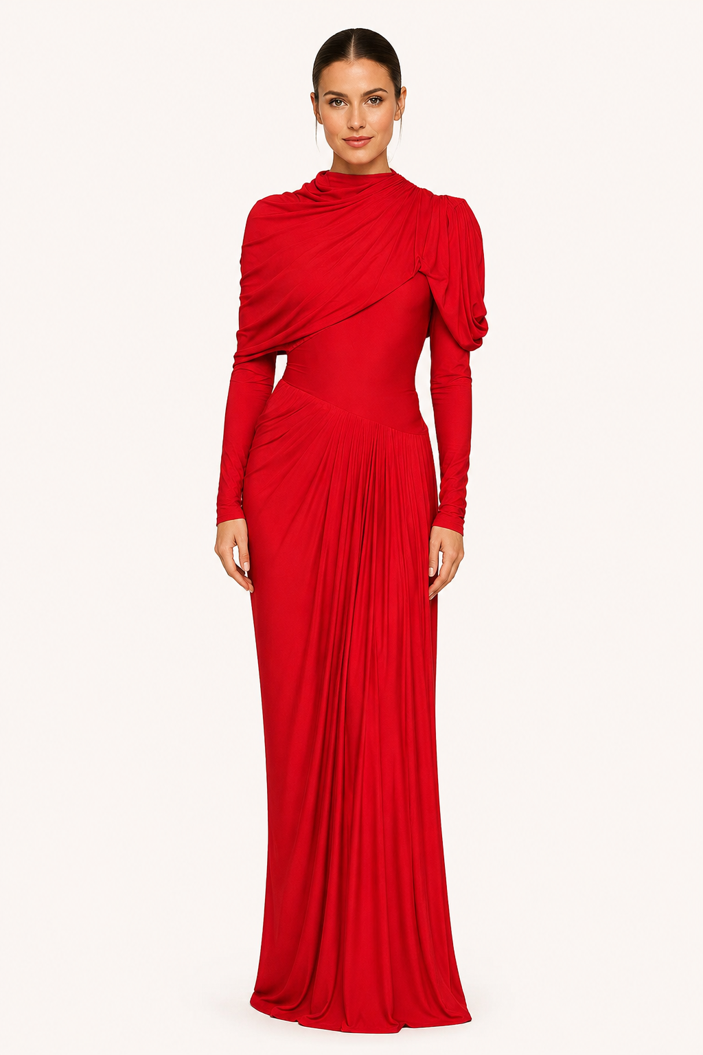 Robe longue col montant manches épaule froncée plis croisés buste gala mariage et soirée - Sonhia