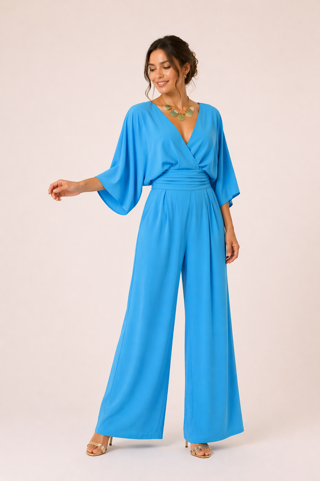 Combinaison femme longue encolure croisée manches larges jambe large légère - Karime