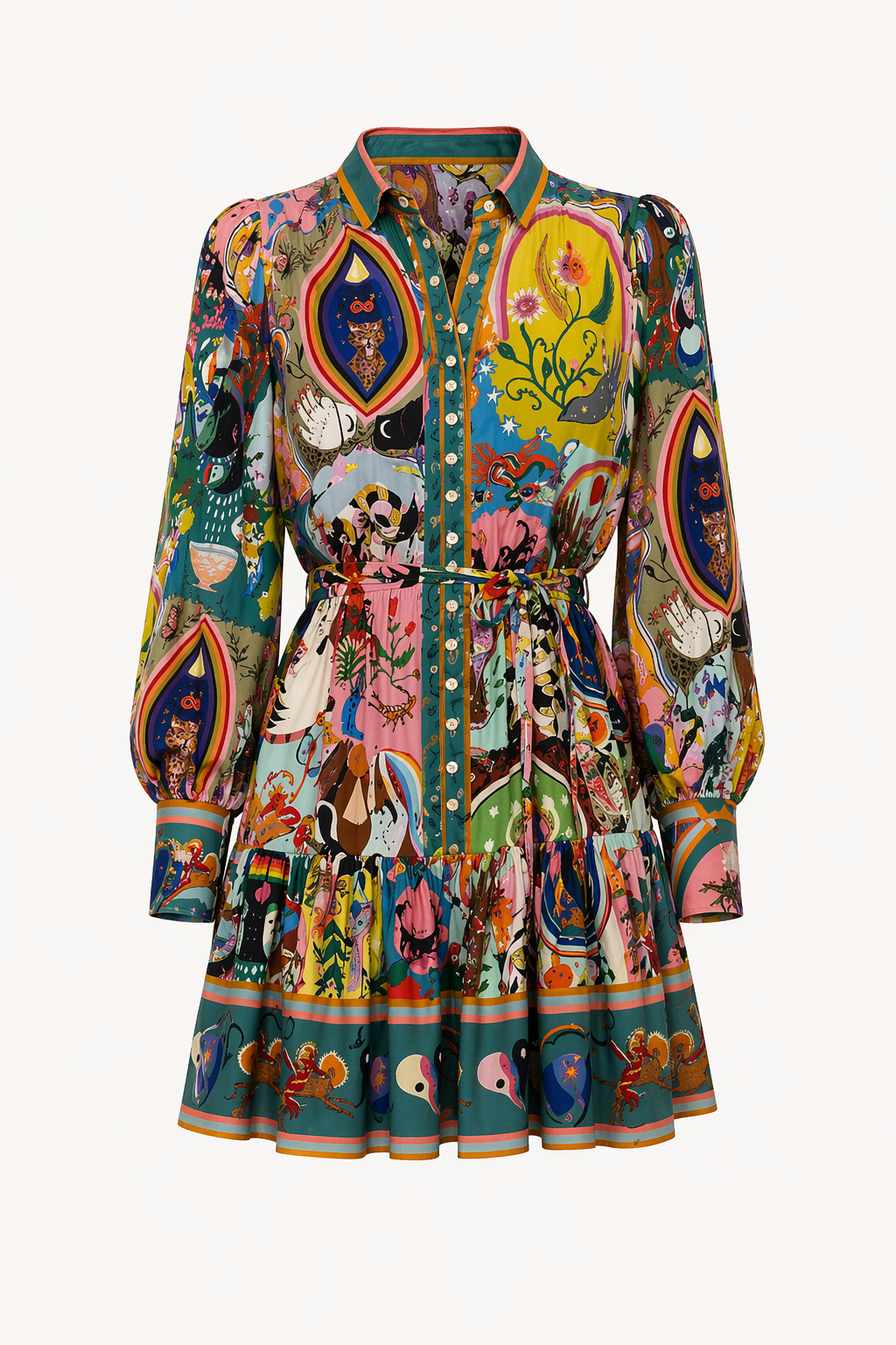 Robe courte chemise imprimée manches longues ceinturée quotidien et voyages - Iria