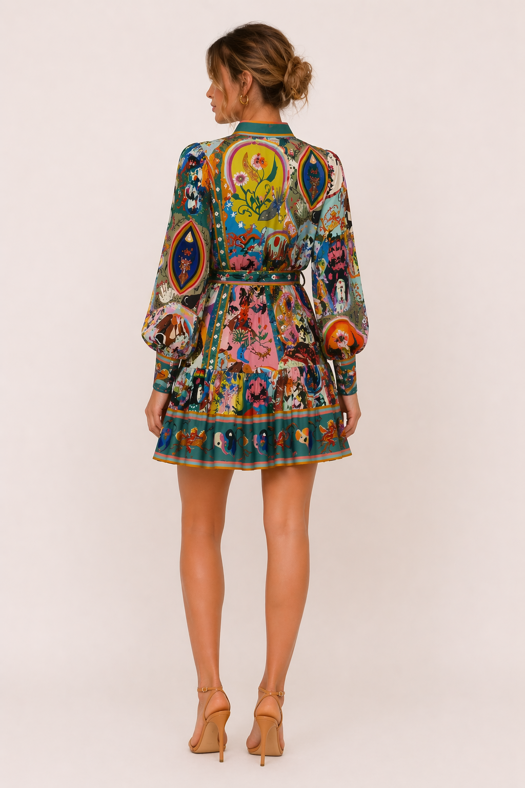Robe courte chemise imprimée manches longues ceinturée quotidien et voyages - Iria