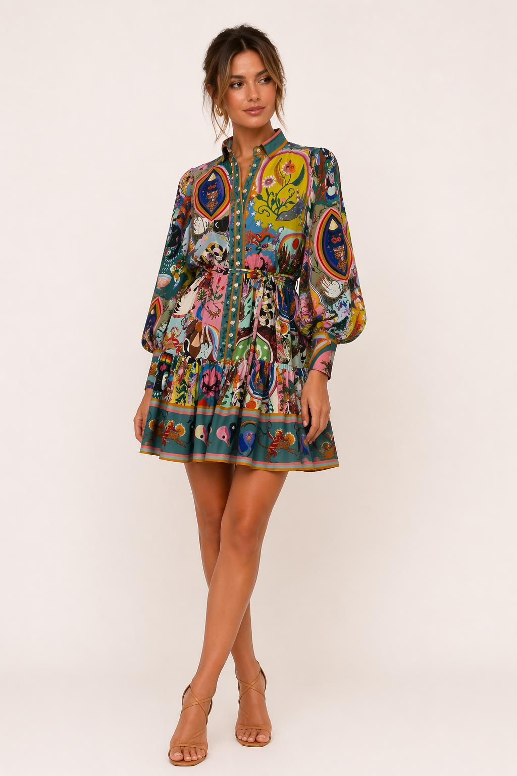 Robe courte chemise imprimée manches longues ceinturée quotidien et voyages - Iria