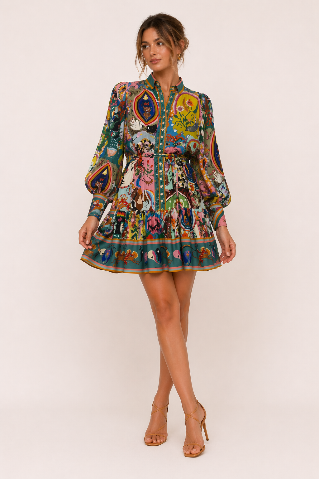 Robe courte chemise imprimée manches longues ceinturée quotidien et voyages - Iria
