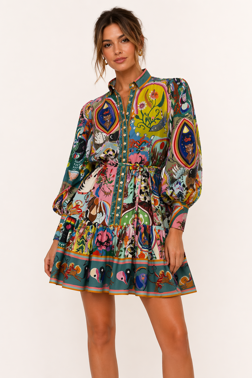 Robe courte chemise imprimée manches longues ceinturée quotidien et voyages - Iria