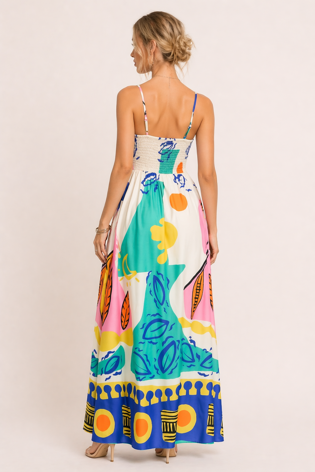 Robe longue bustier fines bretelles imprimé graphique fente latérale été - Aroa