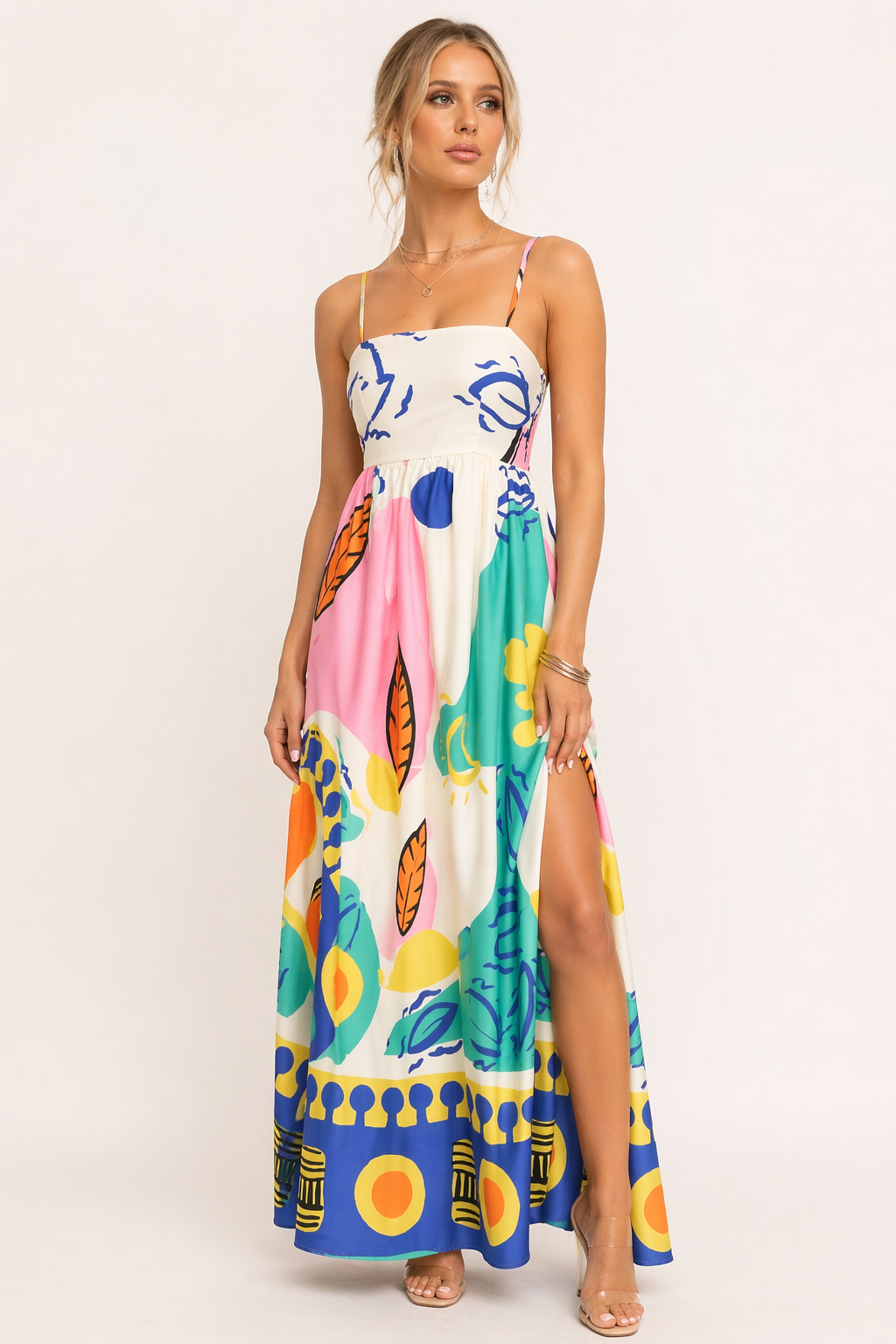 Robe longue bustier fines bretelles imprimé graphique fente latérale été - Aroa