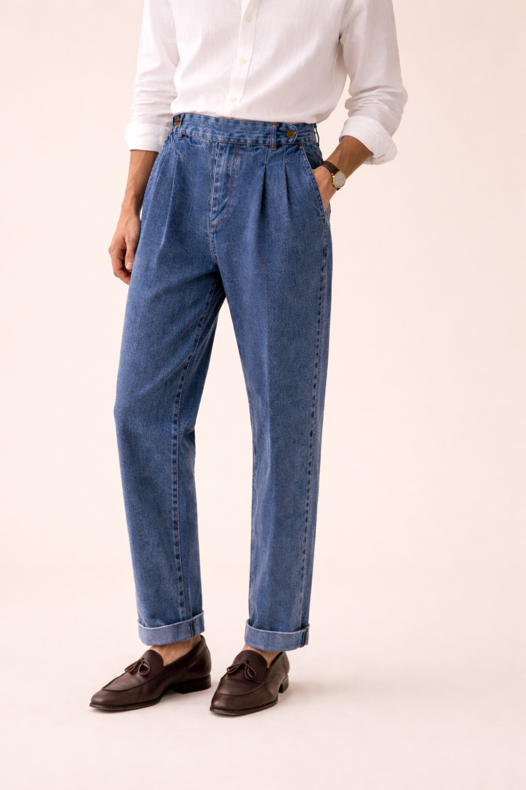 Pantalon denim homme taille haute doubles plis ajustements latéraux - James