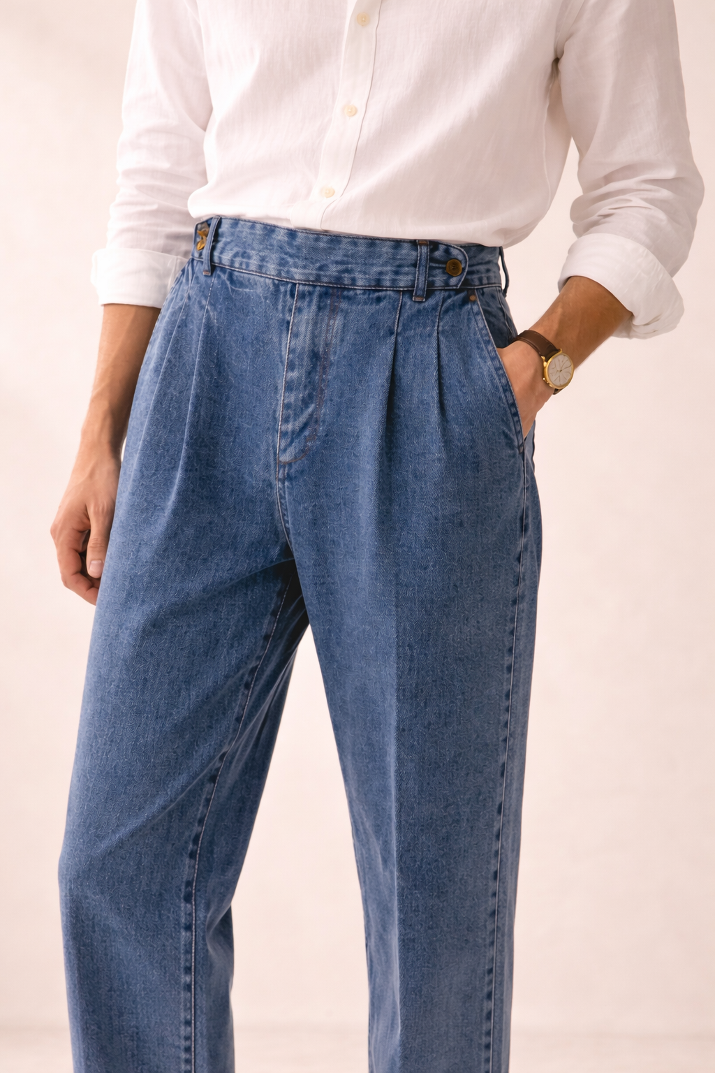 Pantalon denim homme taille haute doubles plis ajustements latéraux - James
