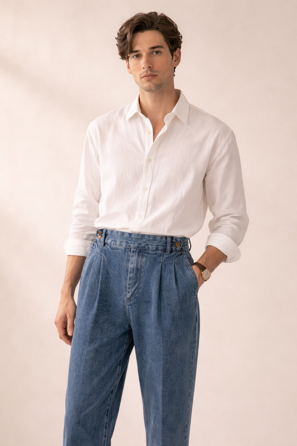 Pantalon denim homme taille haute doubles plis ajustements latéraux - James
