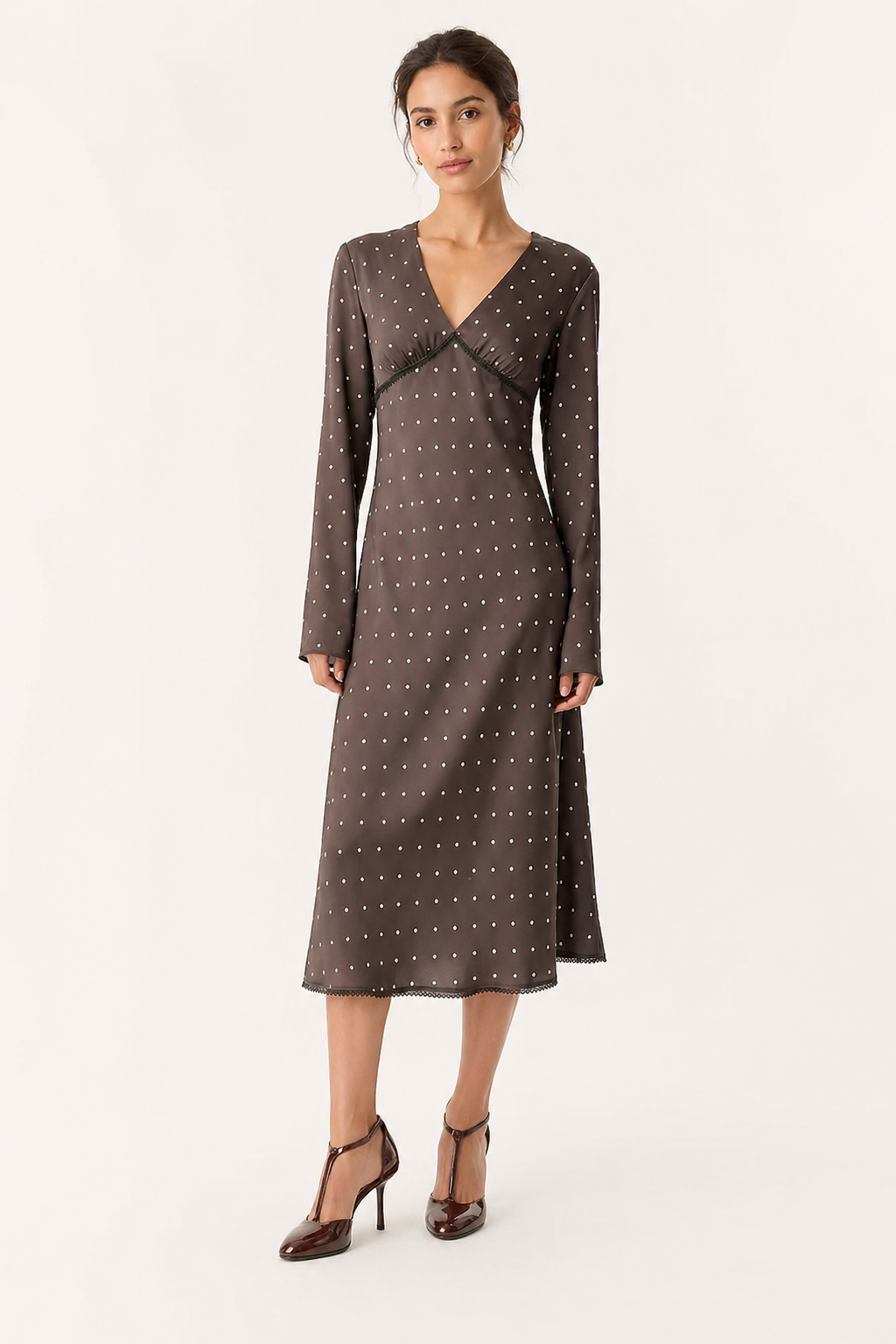 Robe midi manches longues pois col en V bureau et quotidien - Ottilie