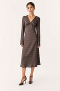 Robe midi manches longues pois col en V bureau et quotidien - Ottilie