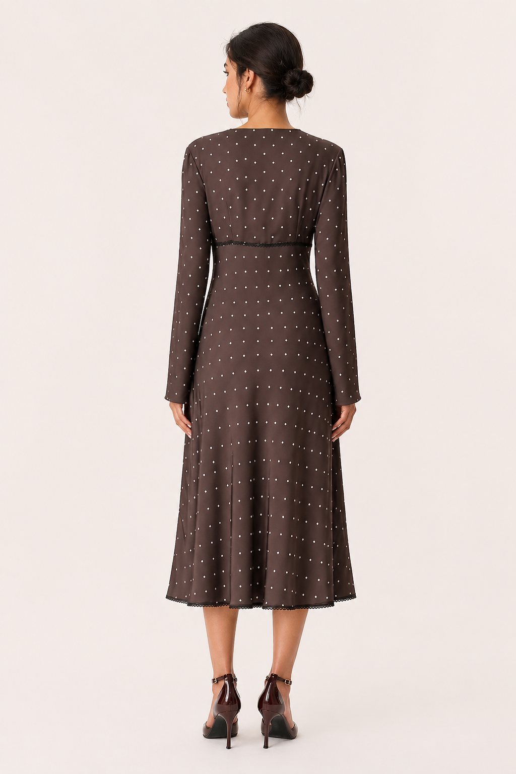 Robe midi manches longues pois col en V bureau et quotidien - Ottilie