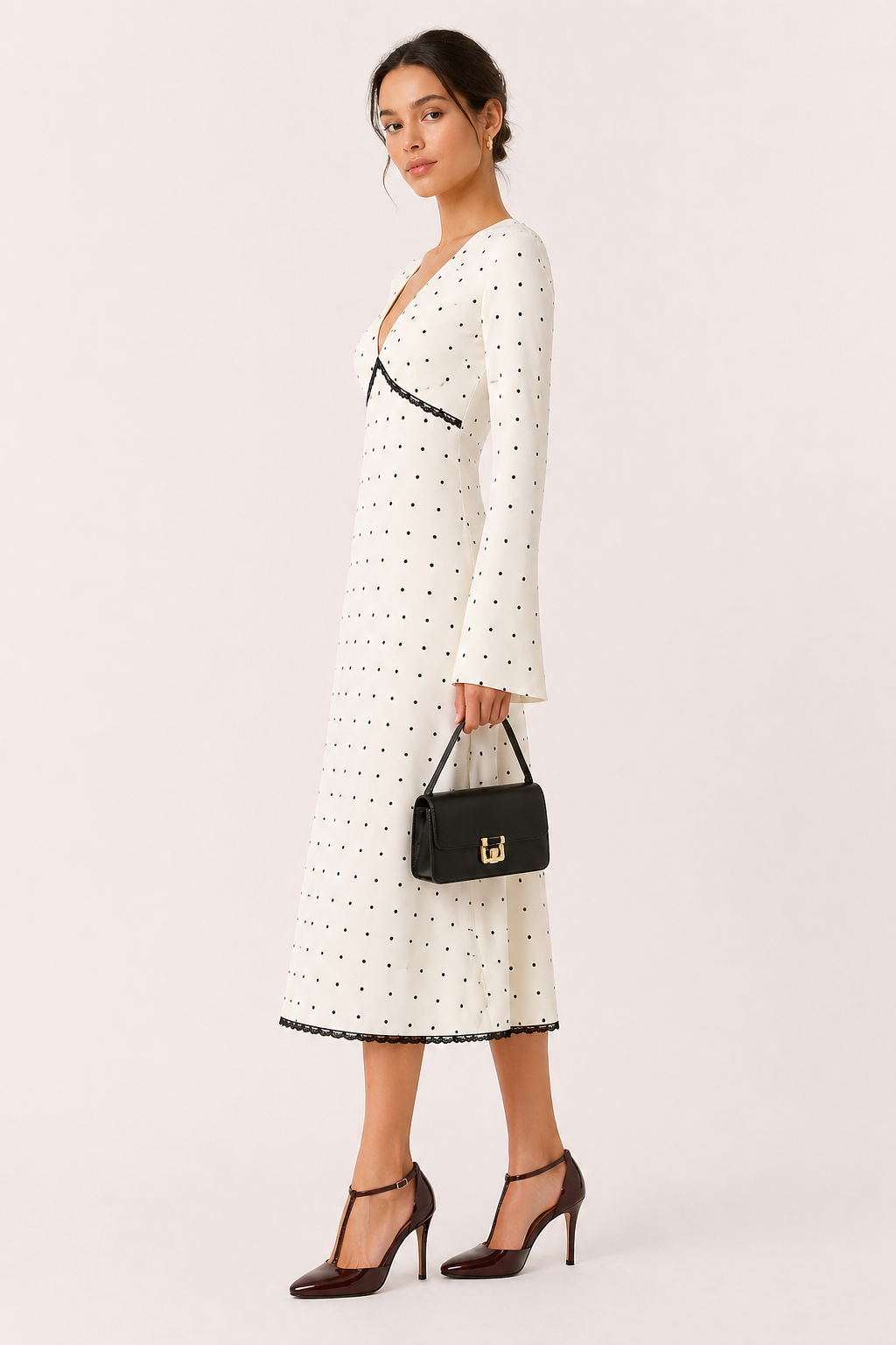 Robe midi manches longues pois col en V bureau et quotidien - Ottilie