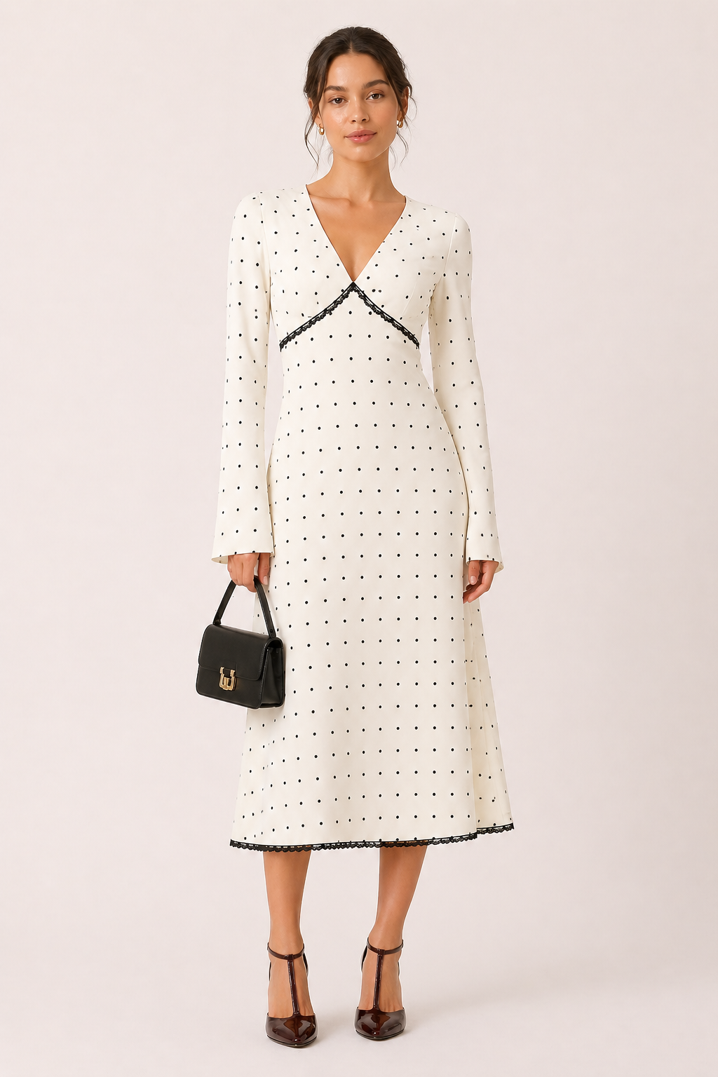Robe midi manches longues pois col en V bureau et quotidien - Ottilie