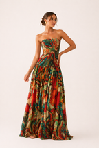 Robe longue sans bretelles corsage ajusté jupe large imprimée été - Hellen