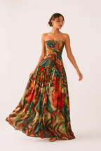 Robe longue sans bretelles corsage ajusté jupe large imprimée été - Hellen