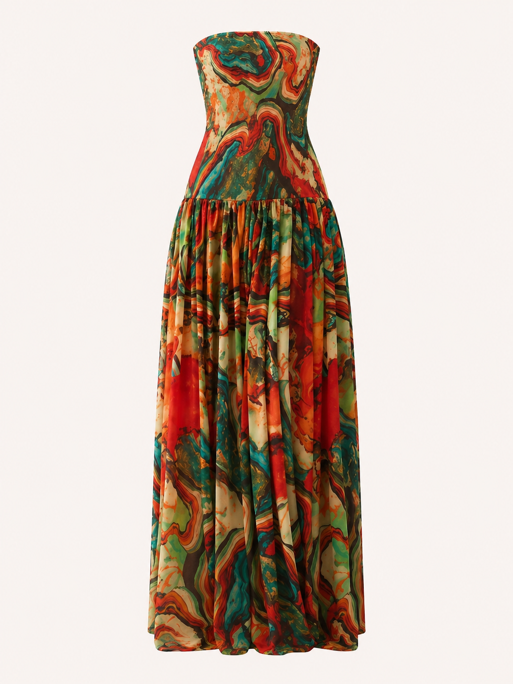 Robe longue sans bretelles corsage ajusté jupe large imprimée été - Hellen