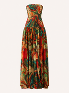 Robe longue sans bretelles corsage ajusté jupe large imprimée été - Hellen