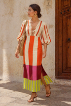 Robe midi rayée manches larges nœud devant fente latérale - Frida