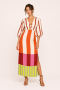 Robe midi rayée manches larges nœud devant fente latérale - Frida