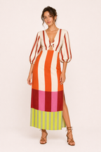 Robe midi rayée manches larges nœud devant fente latérale - Frida