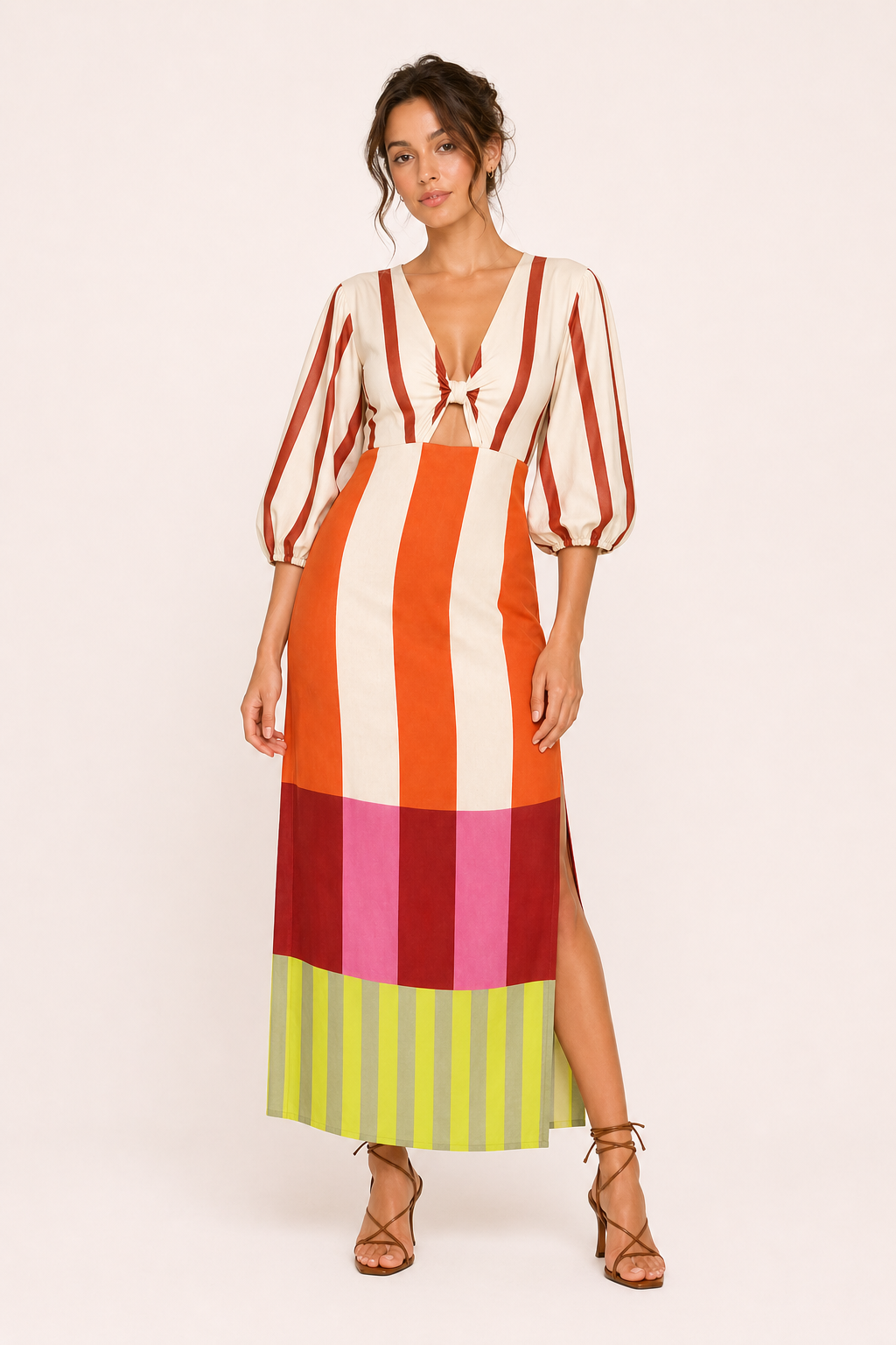 Robe midi rayée manches larges nœud devant fente latérale - Frida