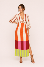 Robe midi rayée manches larges nœud devant fente latérale - Frida