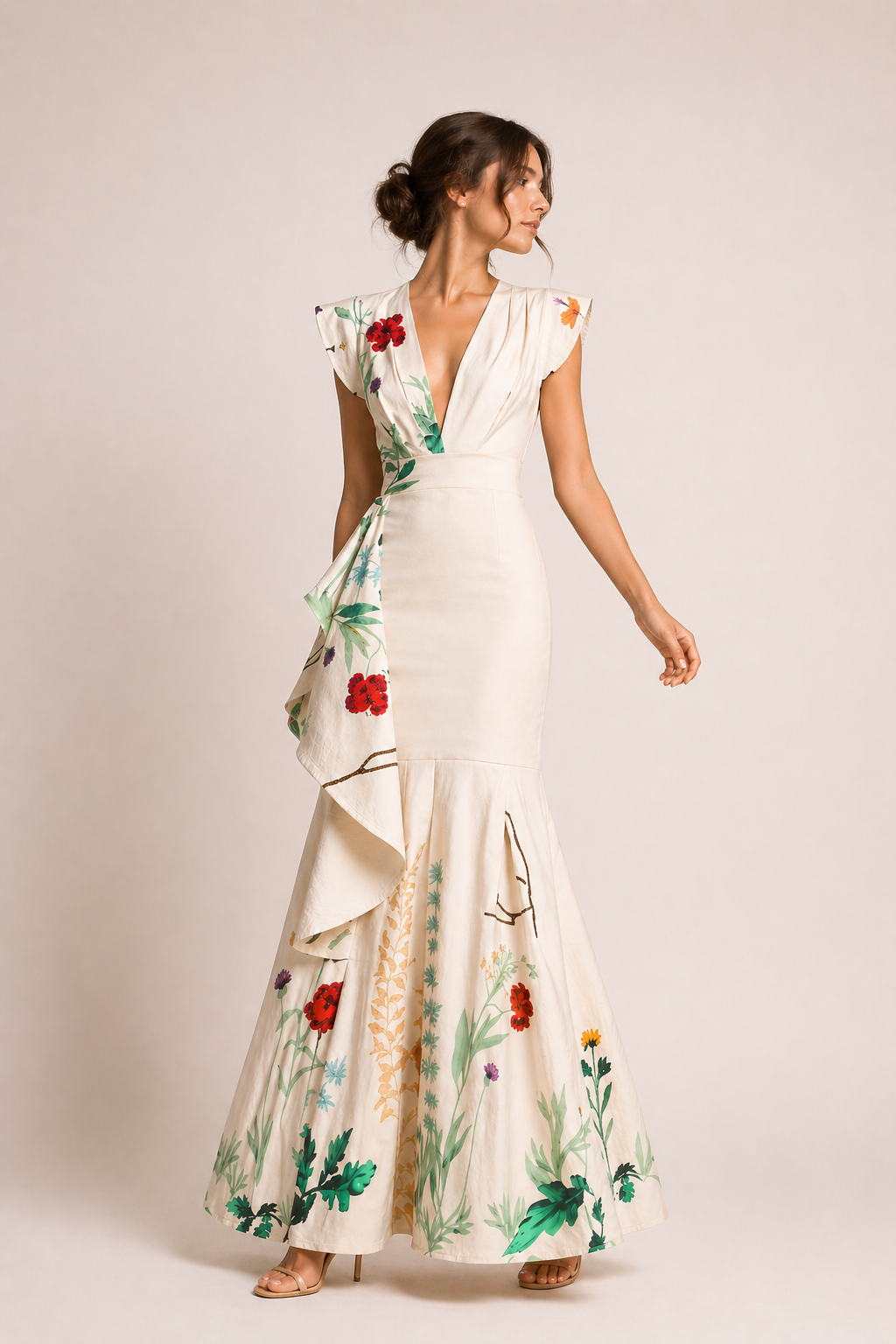 Robe longue fleurie décolleté en V plongeant taille marquée mariage et fête - Elke