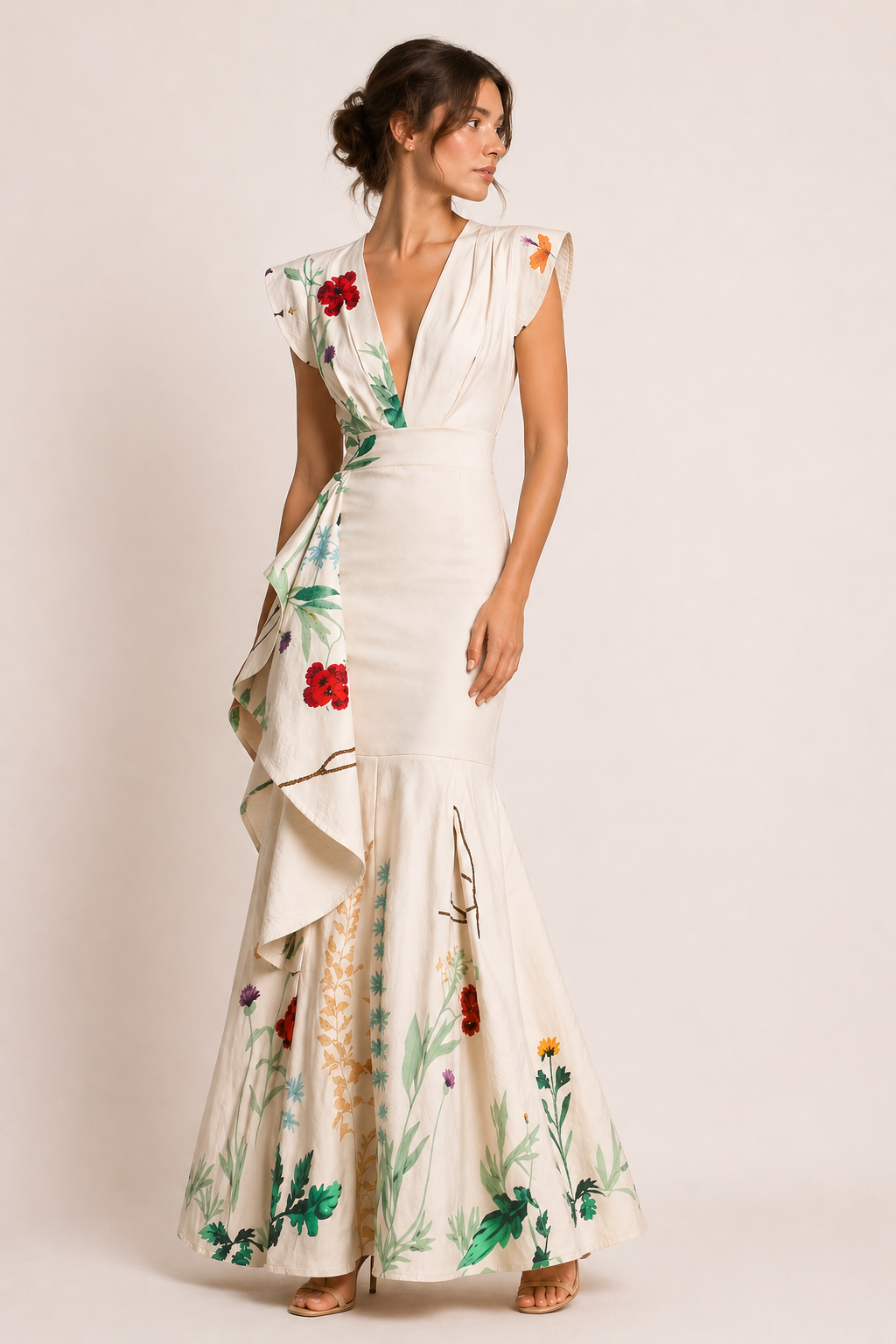 Robe longue fleurie décolleté en V plongeant taille marquée mariage et fête - Elke