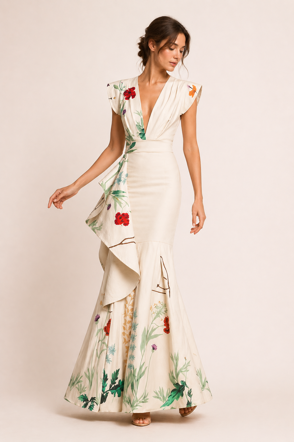Robe longue fleurie décolleté en V plongeant taille marquée mariage et fête - Elke