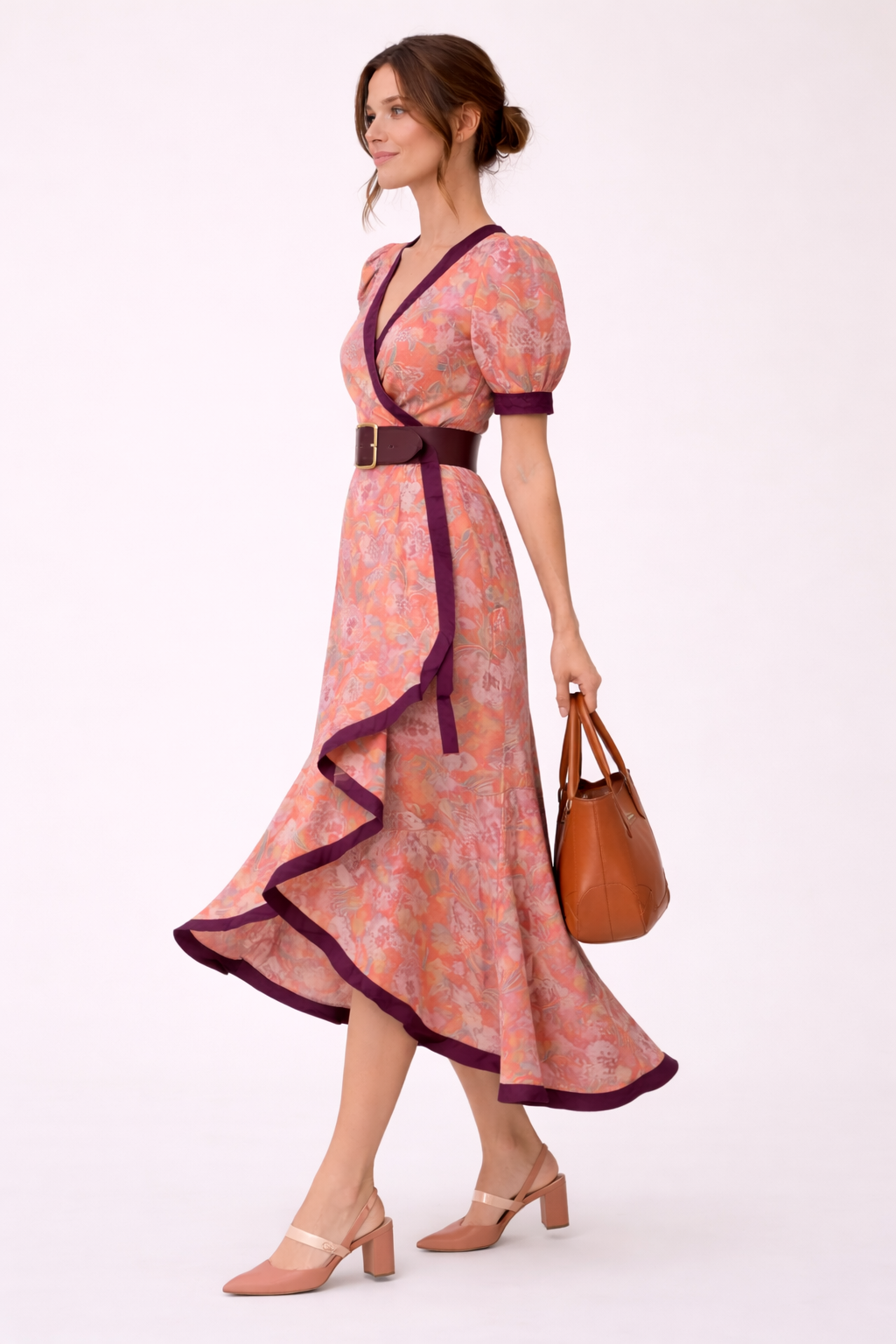 Robe longue maxi manches courtes ceinture contrastée imprimé floral - Anahi