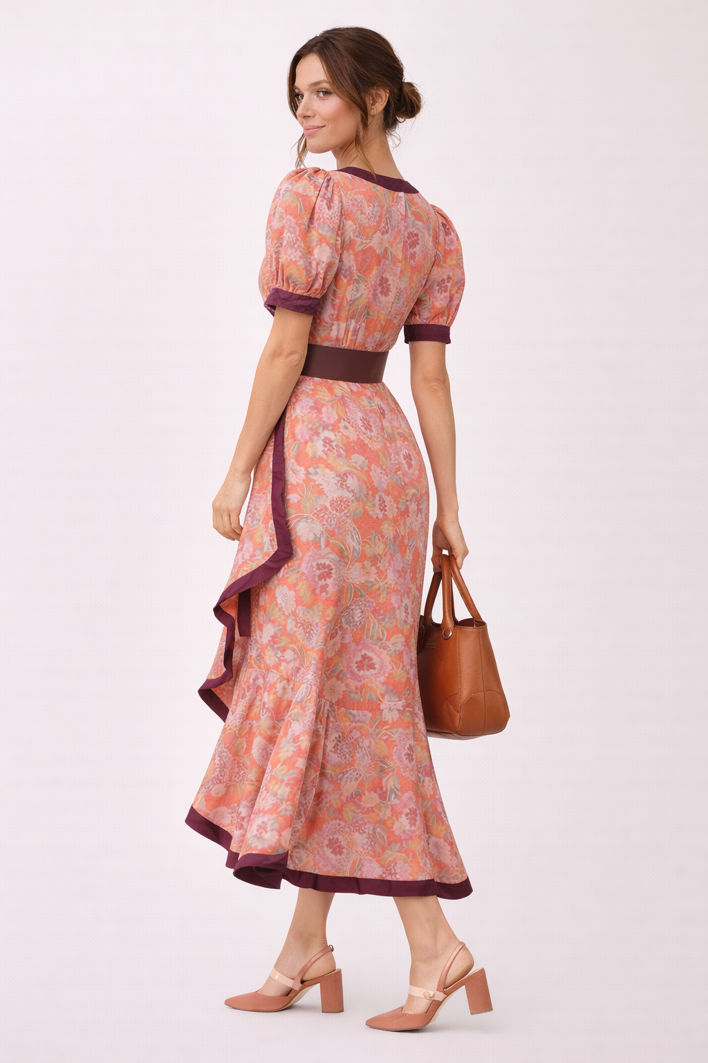Robe longue maxi manches courtes ceinture contrastée imprimé floral - Anahi