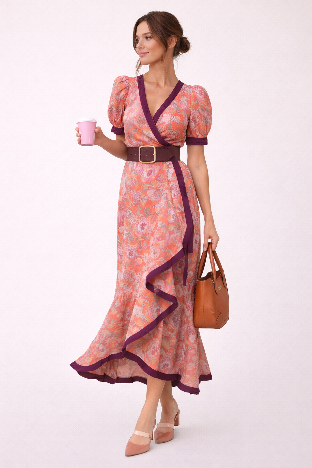 Robe longue maxi manches courtes ceinture contrastée imprimé floral - Anahi