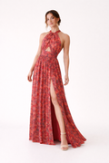 Robe femme dos nu encolure licou fente devant imprimé floral - Ennis