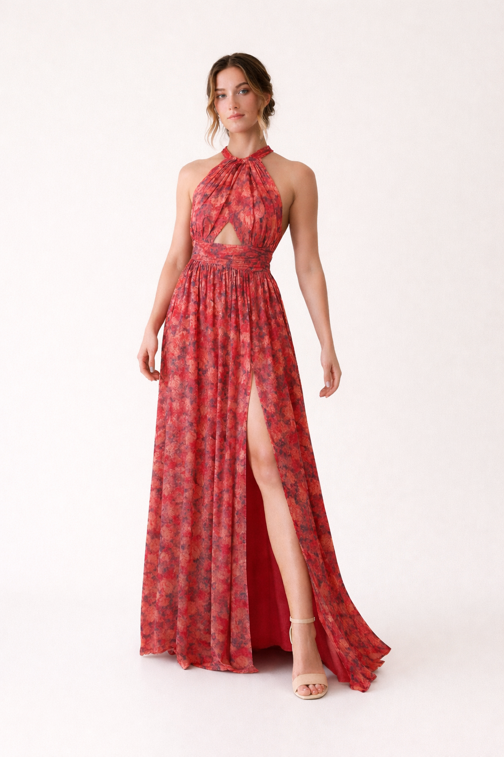 Robe femme dos nu encolure licou fente devant imprimé floral - Ennis