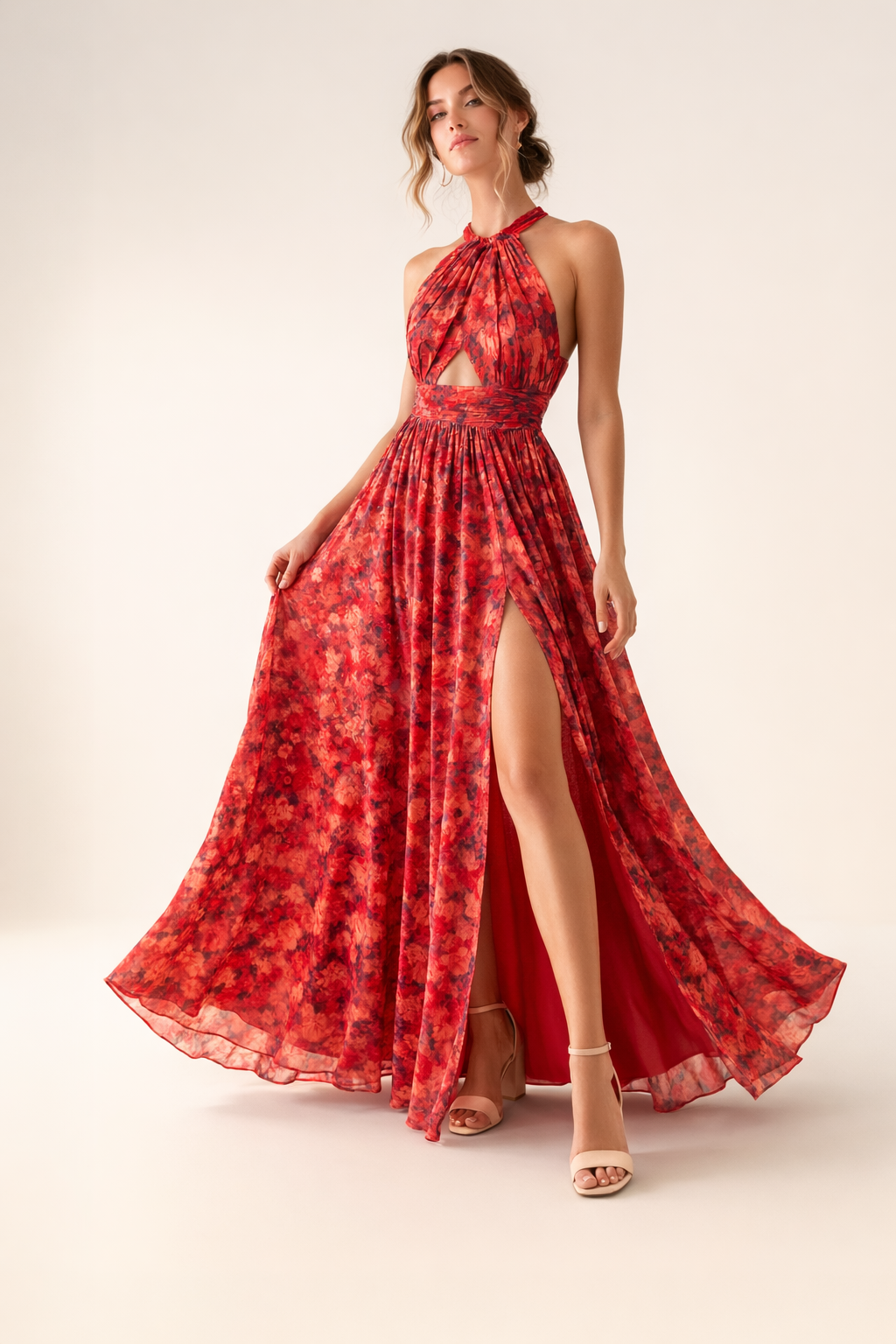Robe femme dos nu encolure licou fente devant imprimé floral - Ennis